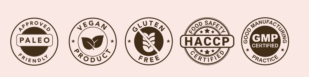 Ground Rise certifications: Paleo Approved Friendly, Vegan Product, Gluten Free, HACCP Food Safety Certified, GMP Good Manufacturing Practice Certified