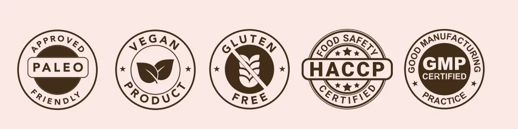 Ground Rise certifications: Paleo Approved Friendly, Vegan Product, Gluten Free, HACCP Food Safety Certified, GMP Good Manufacturing Practice Certified