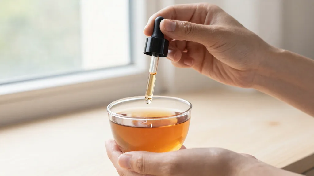 Hands holding a dropper of cat's claw extract over a cup of herbal tea