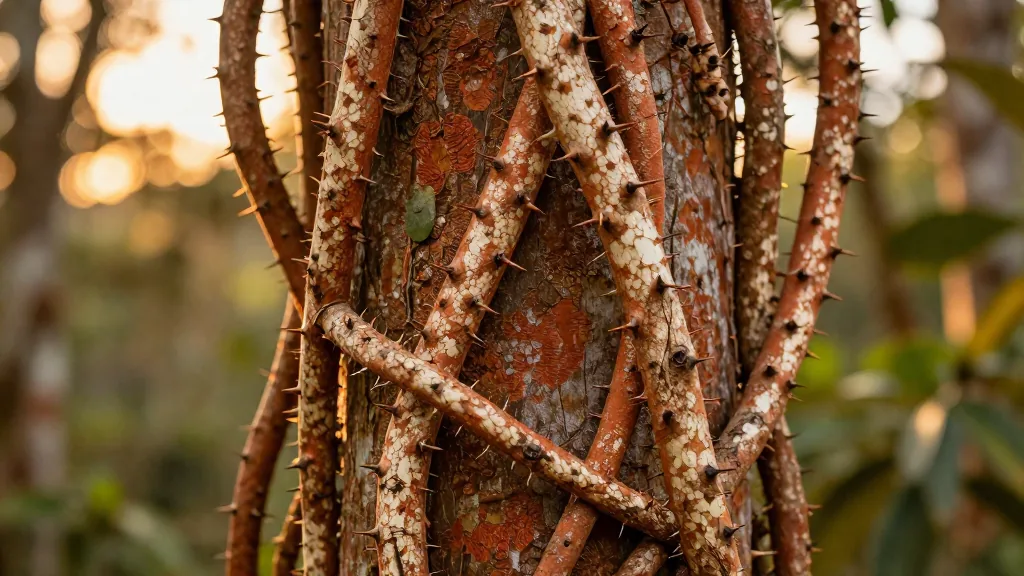 Cat's claw (Uncaria tomentosa) woody vine with hook-shaped thorns in the Peruvian Amazon